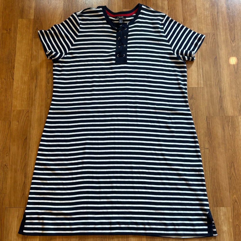 Chaps Womens 2X Navy Blue White Striped Lace Up Neck Nautical Cotton Dress